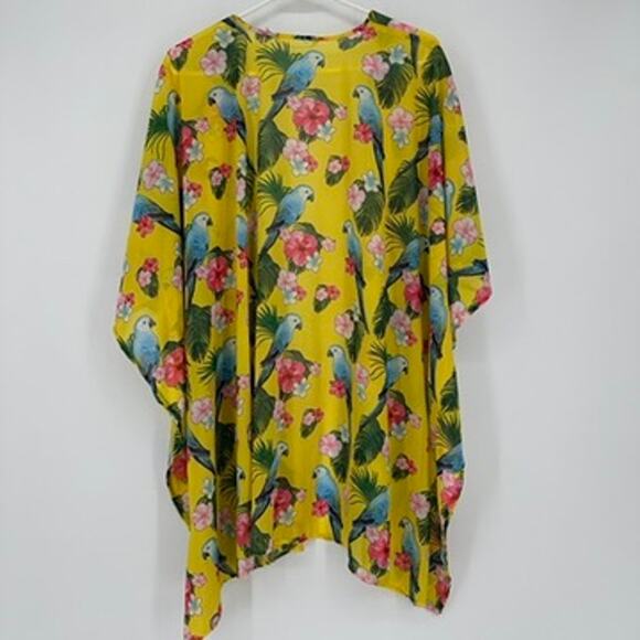 Soft Surroundings Kimono Womens ONE SIZE Swim Coverup Yellow Tropical Parrot - Picture 6 of 7